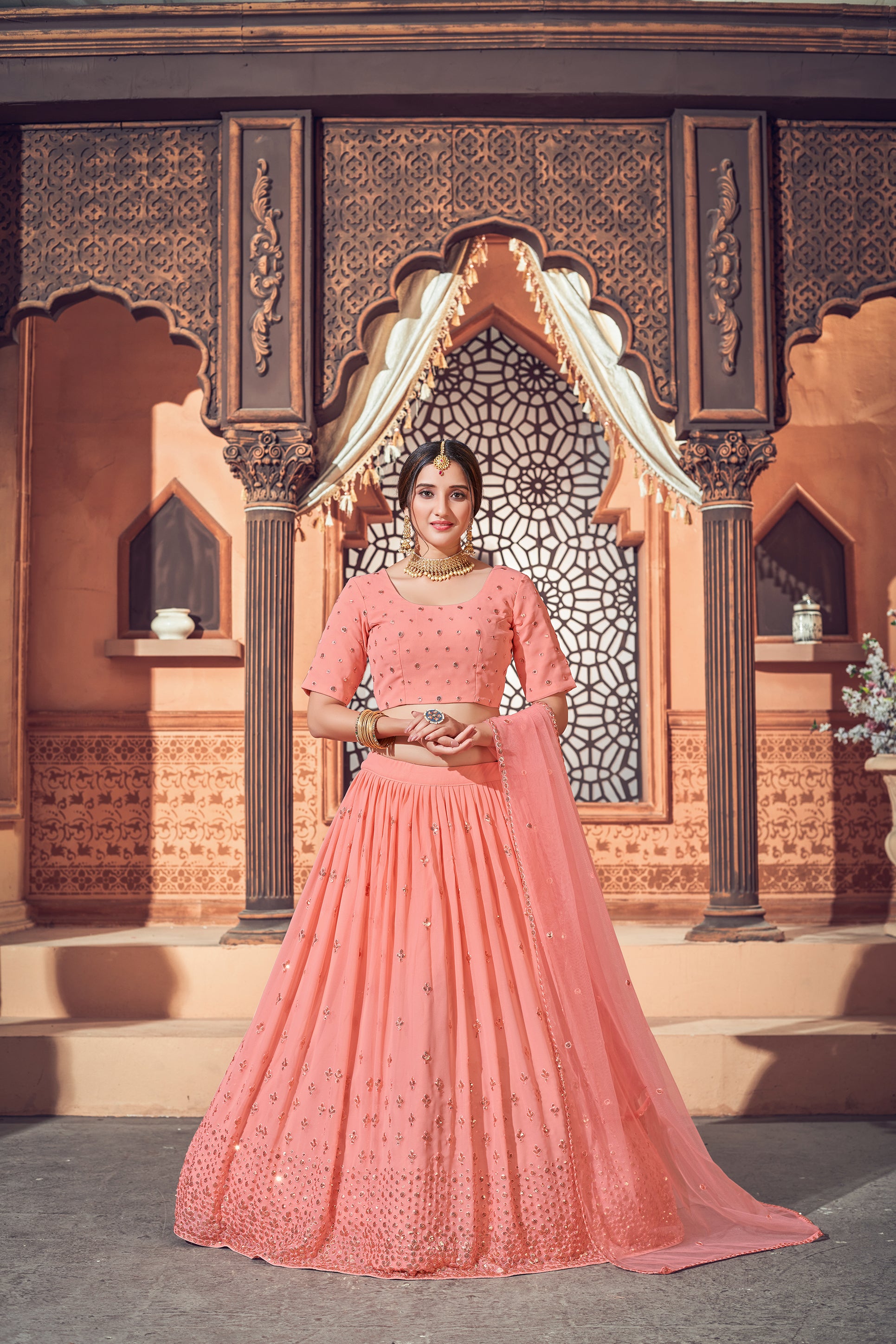 Peach colour wedding lehenga shop