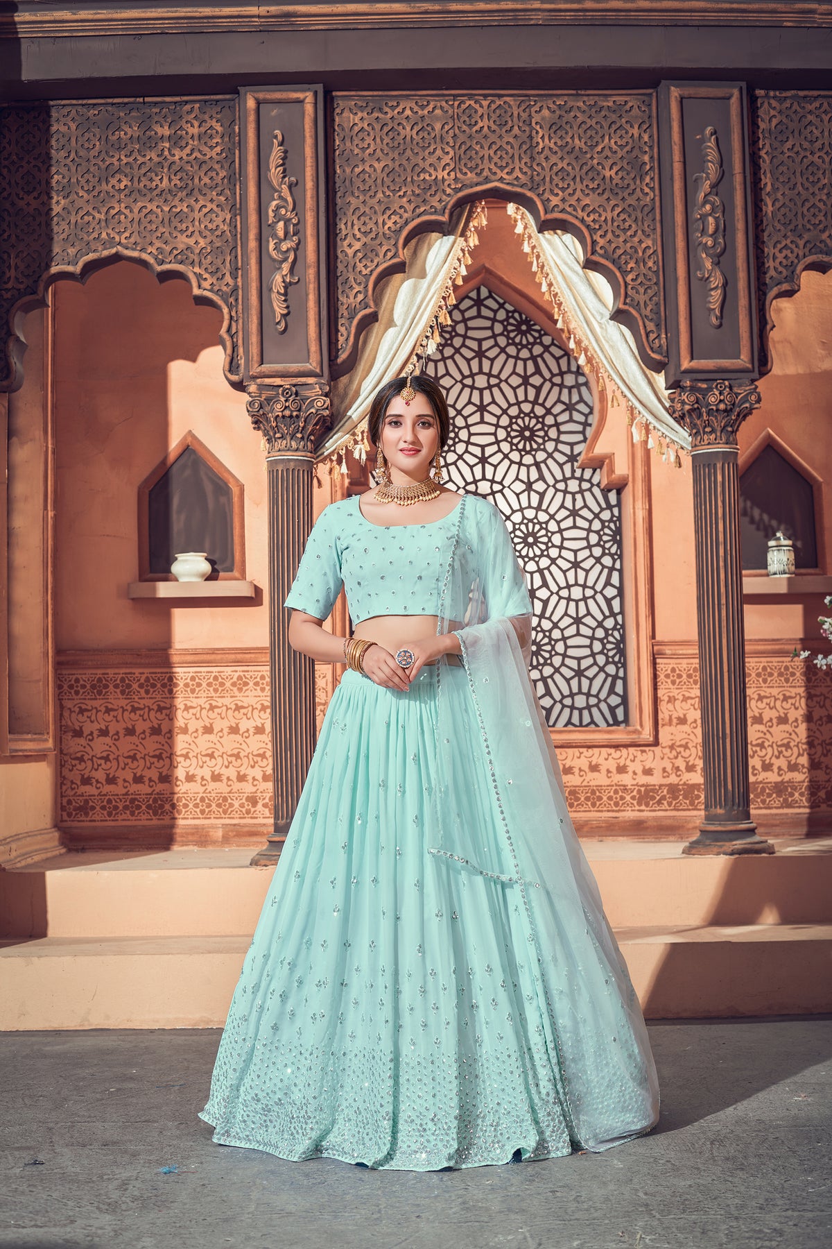 sky blue color Latest lehenga choli for wedding and party - Joshindia