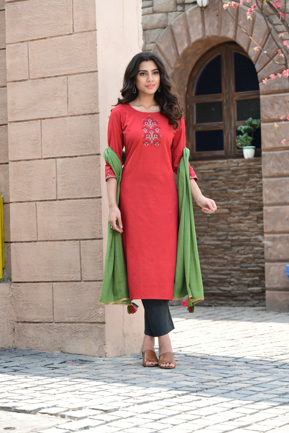 Cotton Embroidered Kurti With Pant & Dupatta - Joshindia