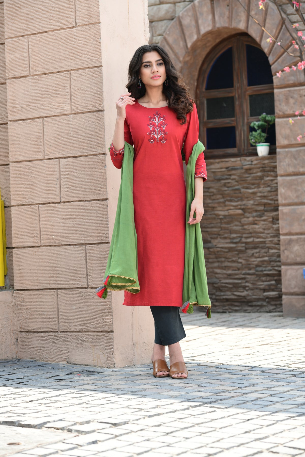 Cotton Embroidered Kurti With Pant & Dupatta - Joshindia