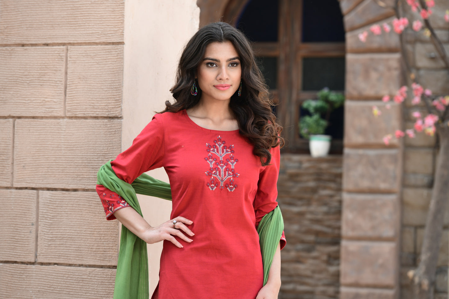 Cotton Embroidered Kurti With Pant & Dupatta