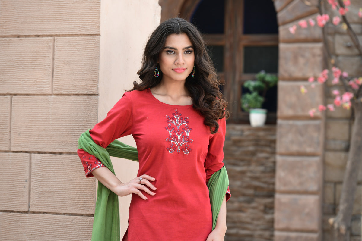 Cotton Embroidered Kurti With Pant & Dupatta - Joshindia