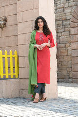 Cotton Embroidered Kurti With Pant & Dupatta - Joshindia