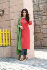 Cotton Embroidered Kurti With Pant & Dupatta - Joshindia