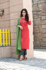 Cotton Embroidered Kurti With Pant & Dupatta - Joshindia