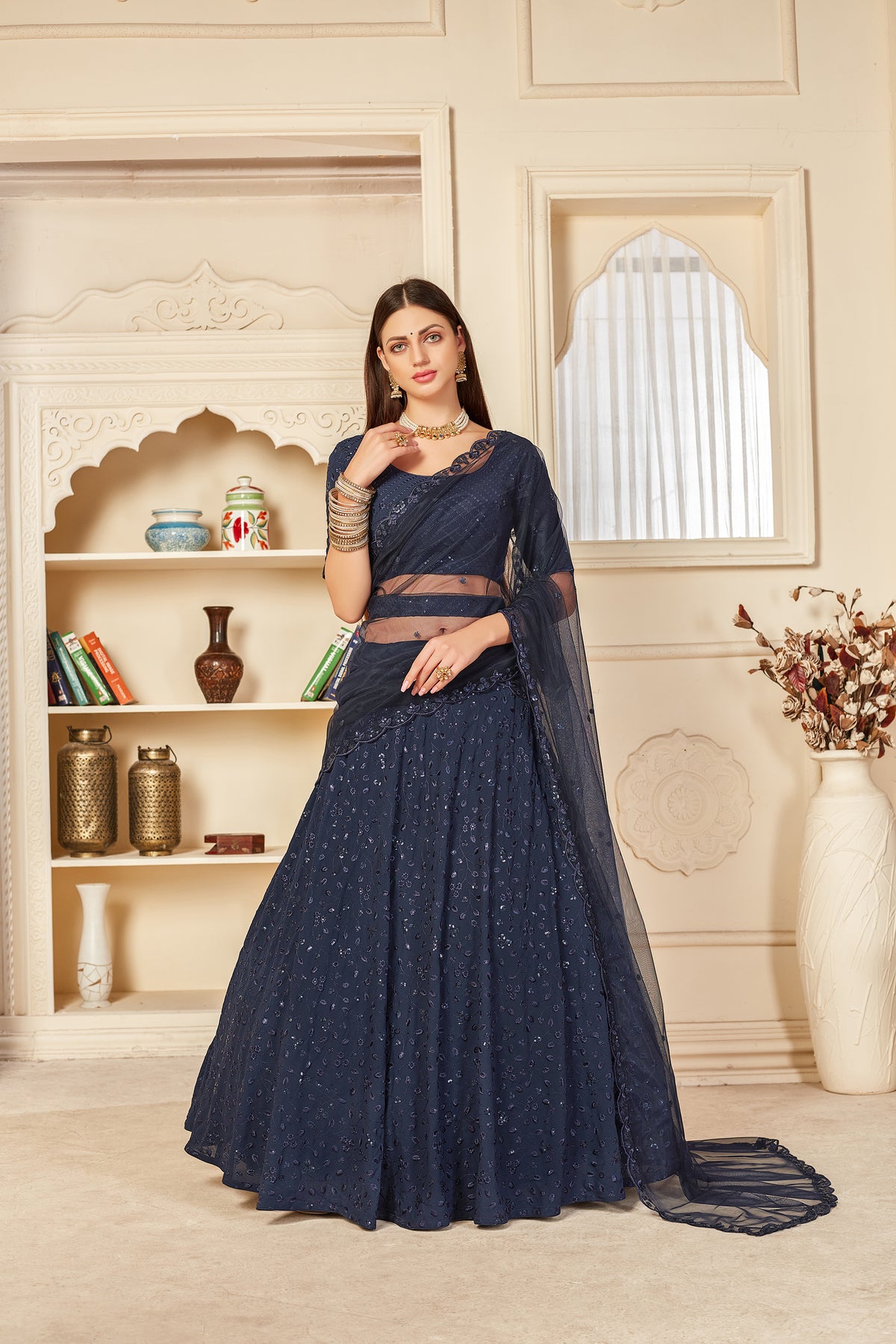 Navy blue color georgette designer lehenga choli buy now - Joshindia