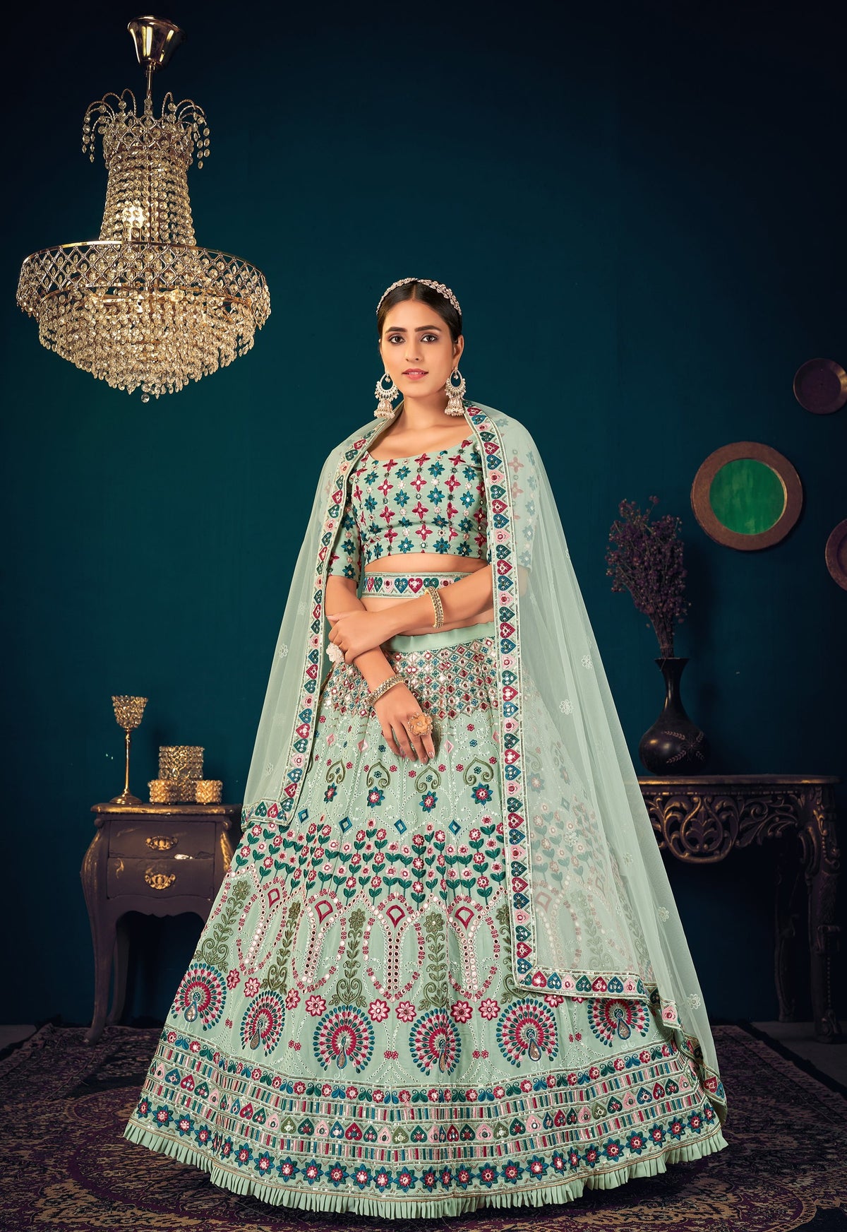 Pista Green color heavy designer lehenga for wedding functions - Joshindia