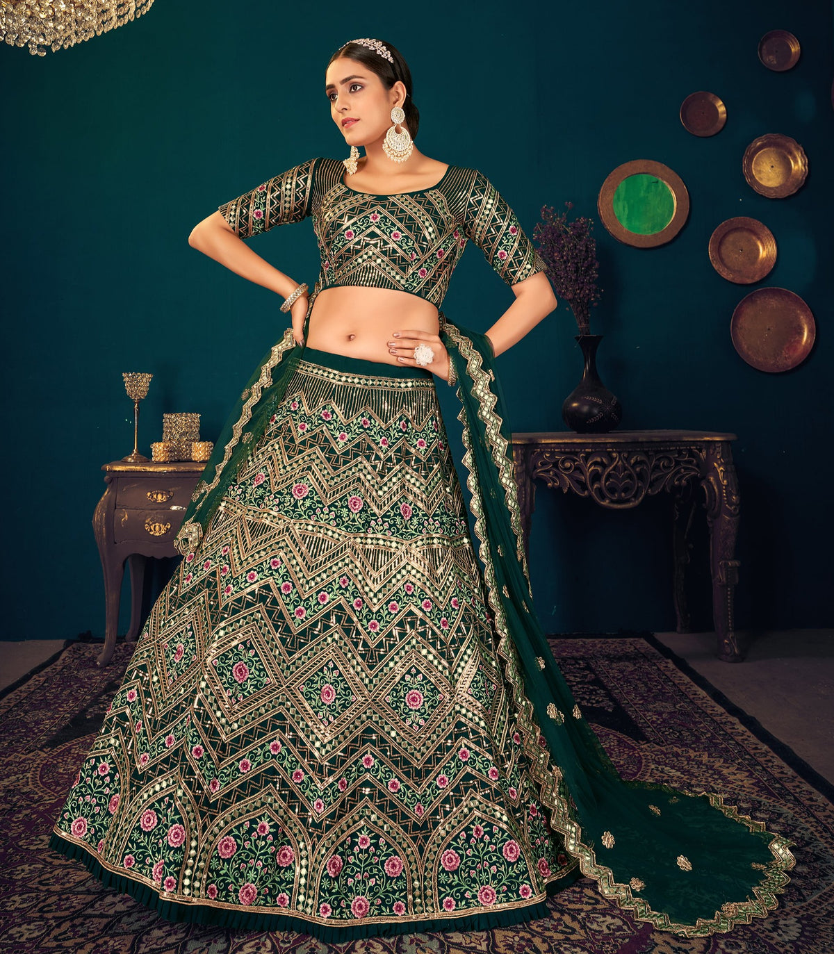 Dark Green color heavy designer lehenga for wedding functions - Joshindia