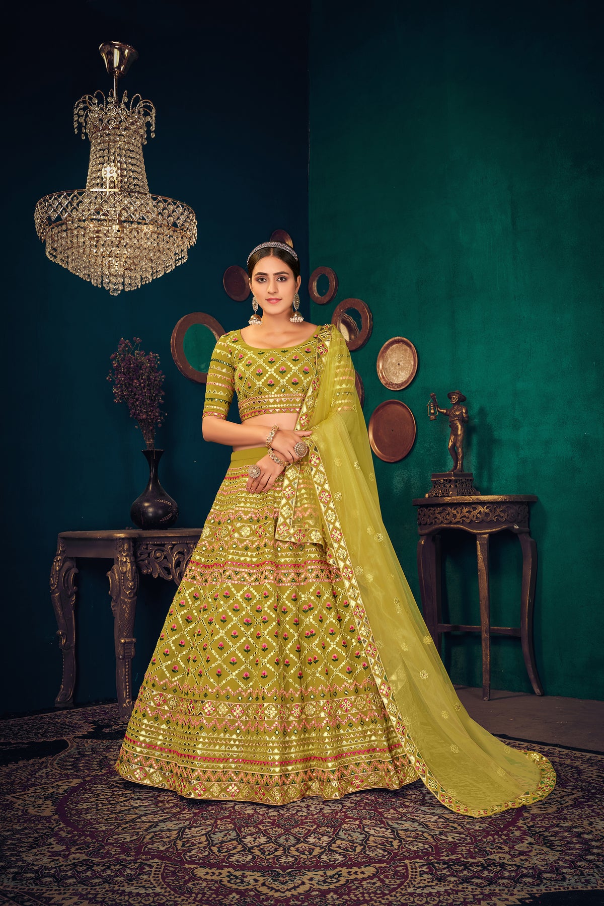 Green Lime color heavy designer lehenga choli for wedding - Joshindia