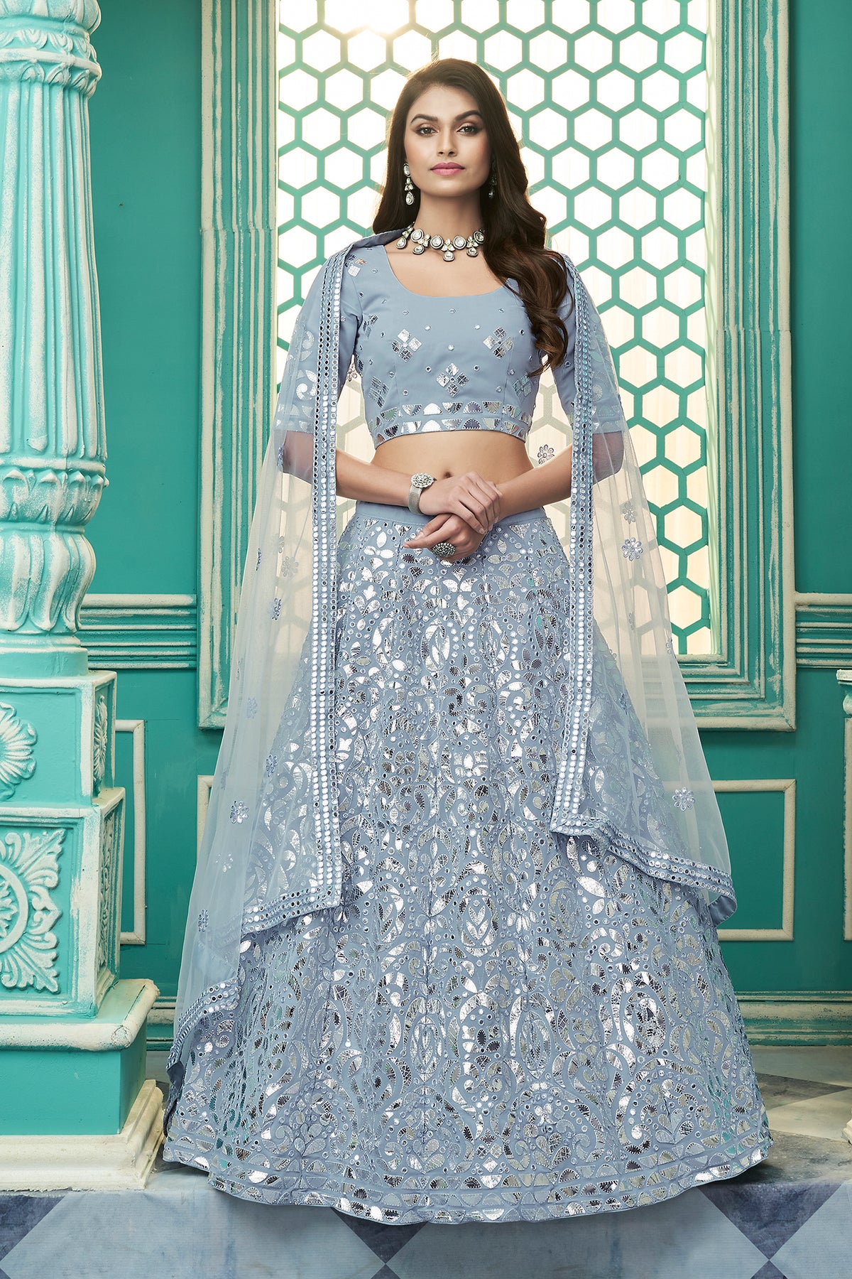 sky color Georgette designer lehenga choli - Joshindia