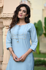 Amazing Blue Embroidered Kurti With Pant & Dupatta - Joshindia