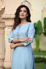 Amazing Blue Embroidered Kurti With Pant & Dupatta - Joshindia