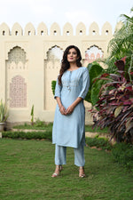 Amazing Blue Embroidered Kurti With Pant & Dupatta - Joshindia