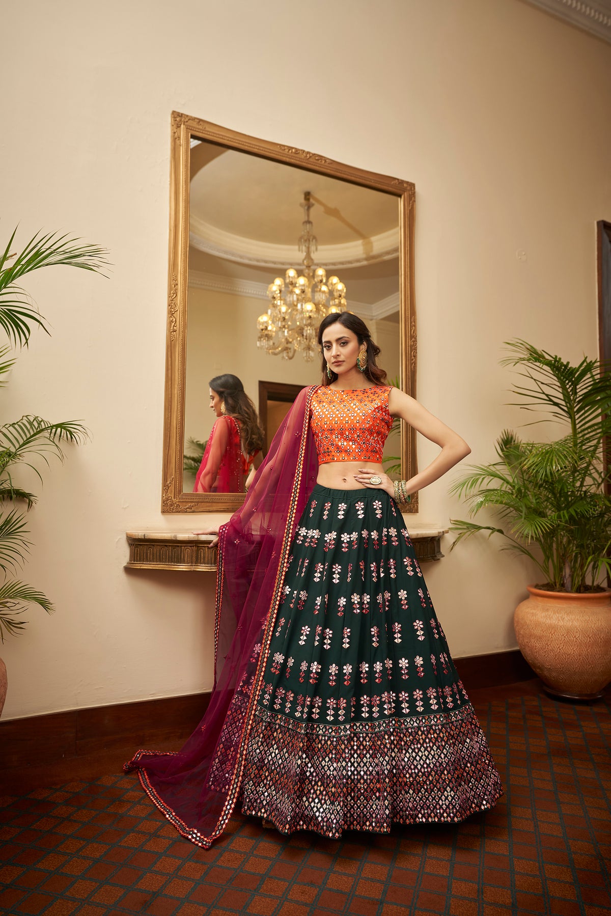 trendy Green-Orange-Deep Pink designer lehenga choli buy now - Joshindia
