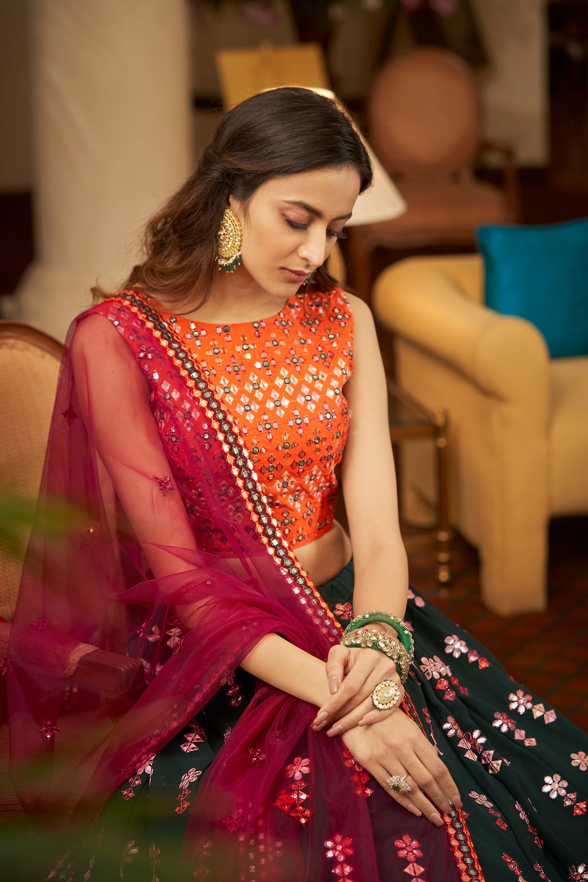 trendy Green-Orange-Deep Pink designer lehenga choli buy now - Joshindia