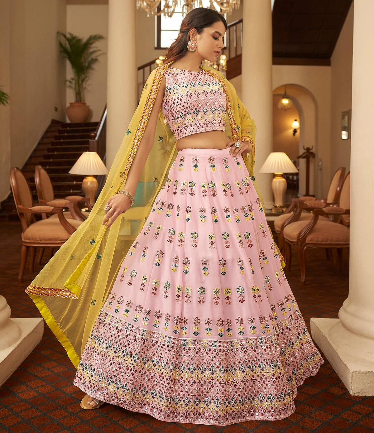 Latest trendy designer light pink color mirror lehenga choli buy now - Joshindia