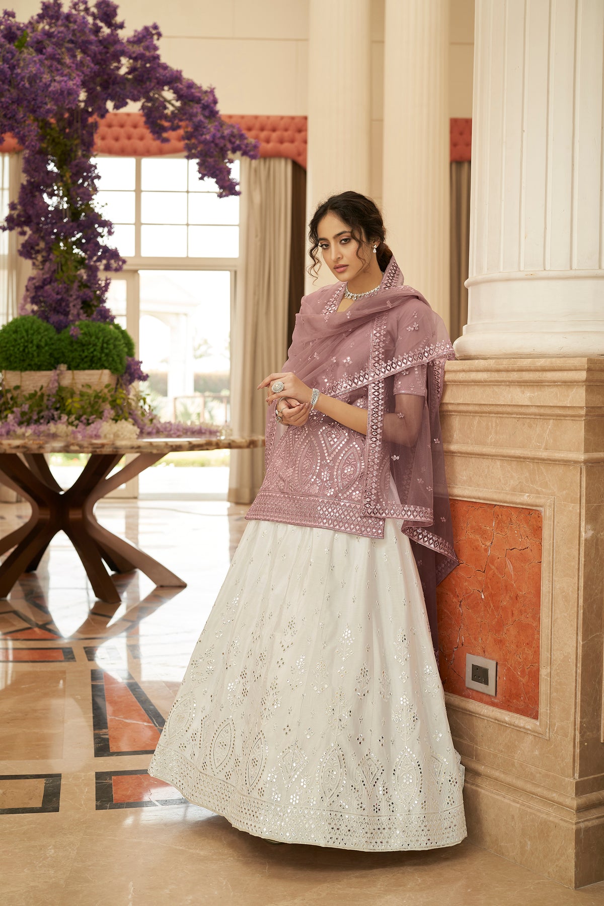 Buy Pearl White And Dusty Pink Lehenga Choli - Joshindia