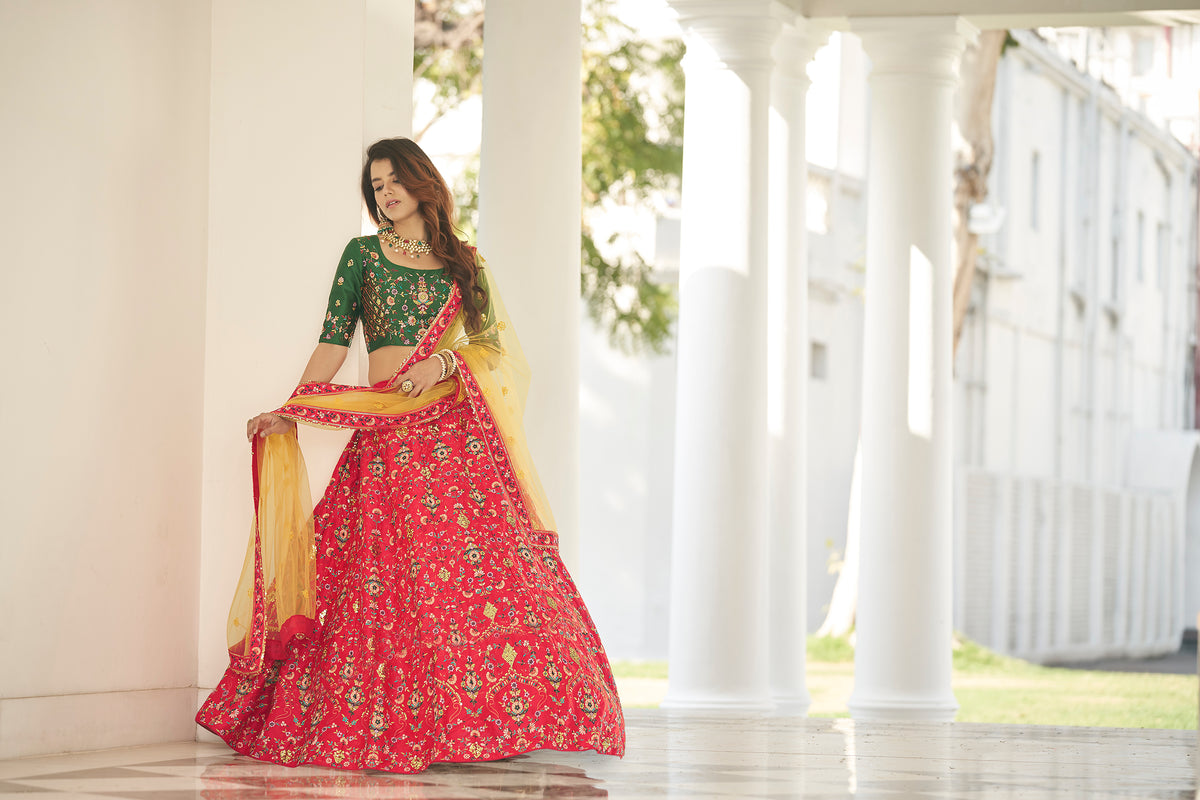 Green And Red color heavy designer lehenga choli - Joshindia