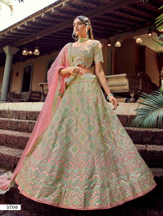 Green designer lehenga choli for wedding functions buy now