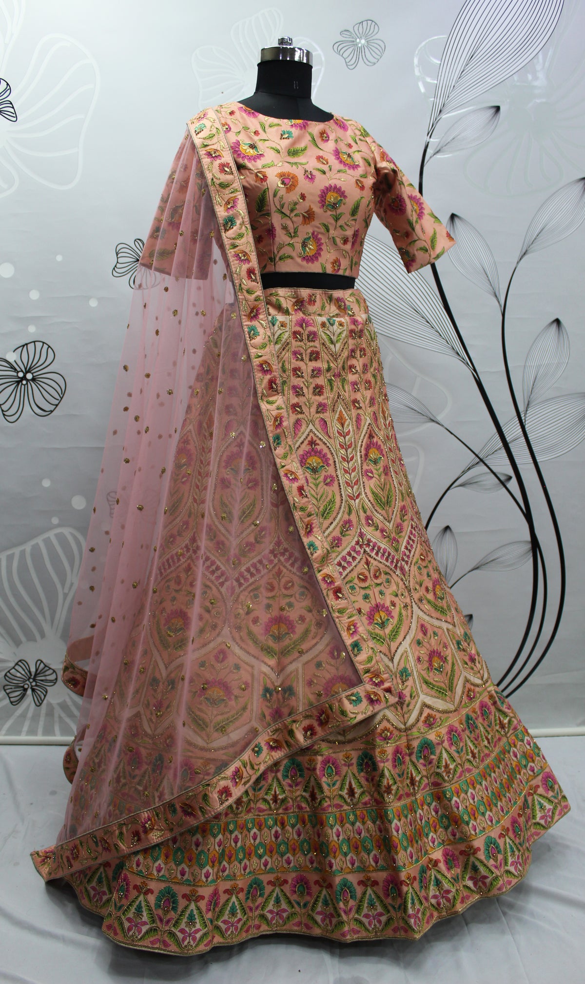 Fabulous Peach and Pink Silk Lehenga Choli with Dupatta - Joshindia