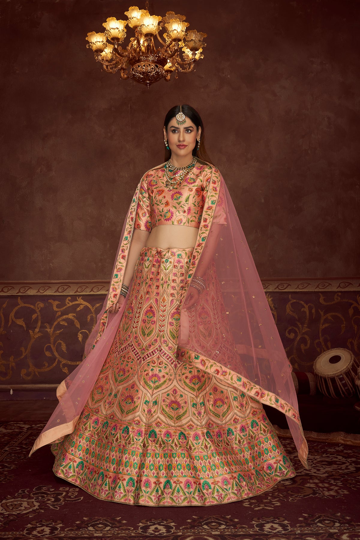 Fabulous Peach and Pink Silk Lehenga Choli with Dupatta - Joshindia