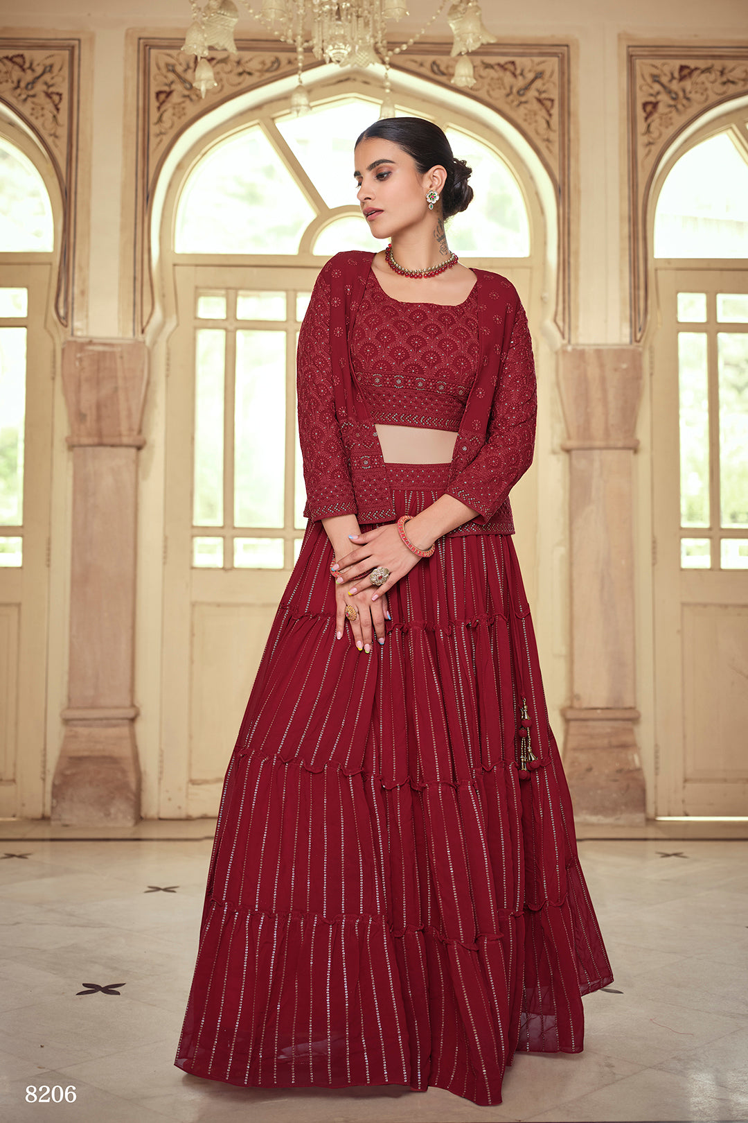 Latest Maroon Color Georgette Lehenga Choli With Shrug Joshindia