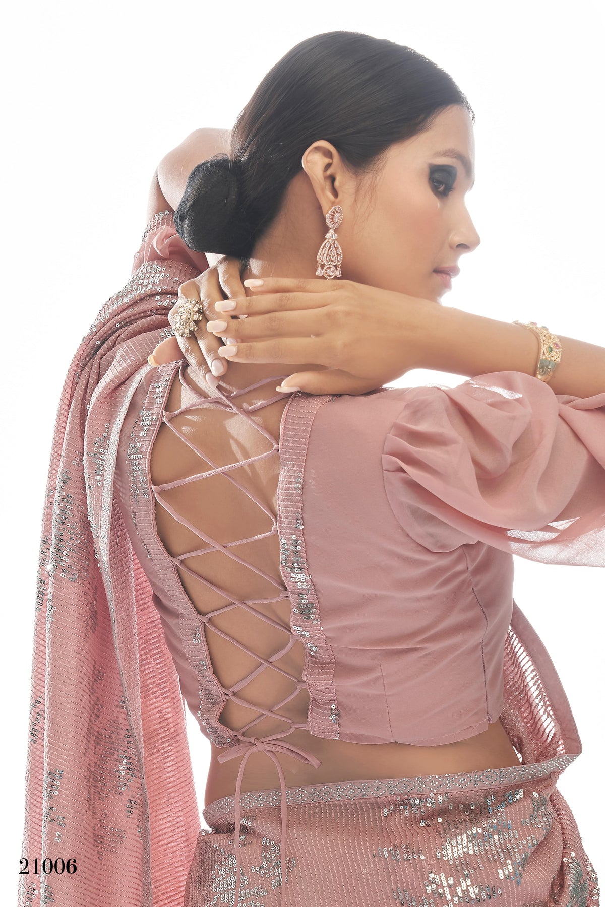 Beautiful Peah color bollywood sequin saree - Joshindia