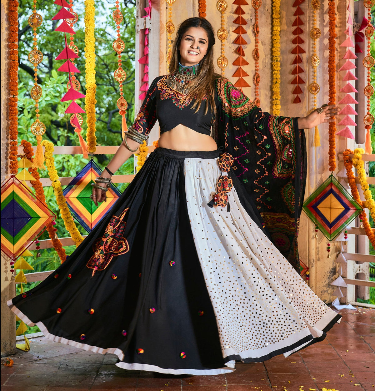 Festival Wear Black and White Stitched Navratri Special Lehenga Choli - Joshindia