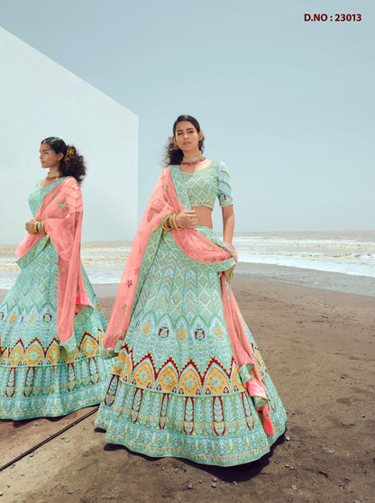 Latest Turquoise Color Lehenga Choli For Woman