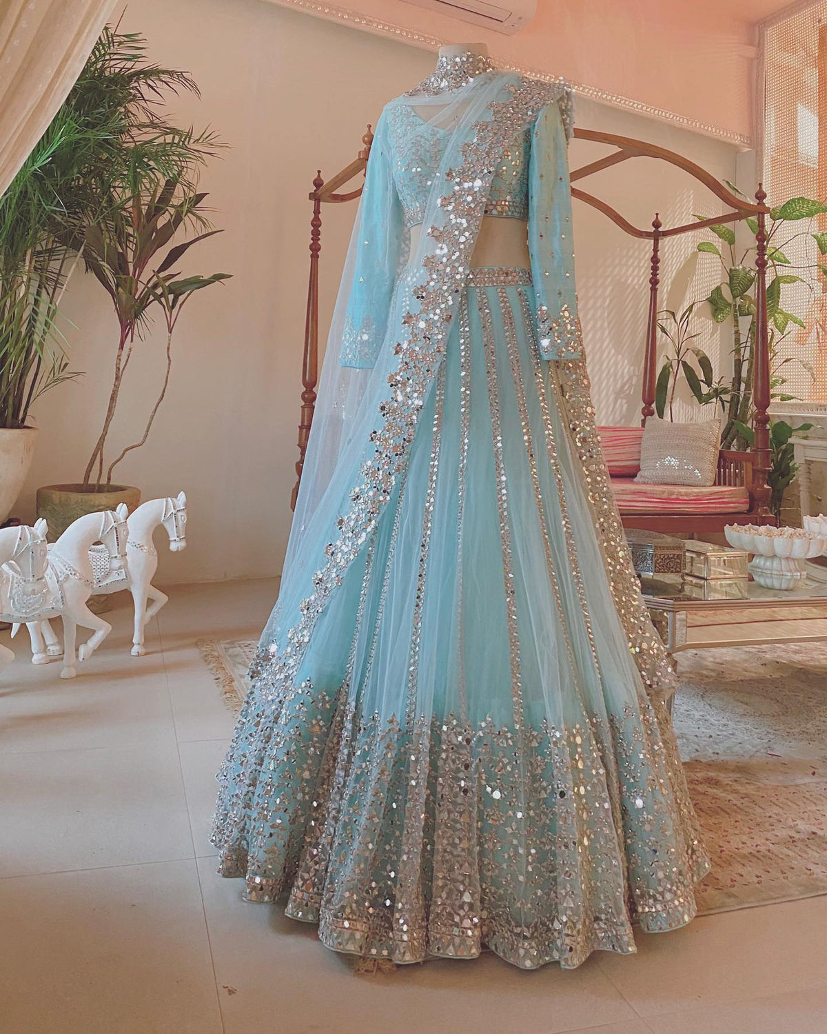 sky color net designer lehenga choli - Joshindia