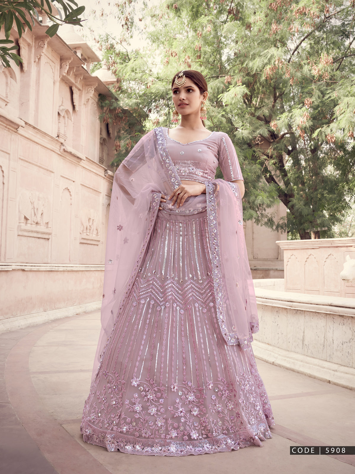 designer heavy pink silk digital printed indo western lahenga - Joshindia