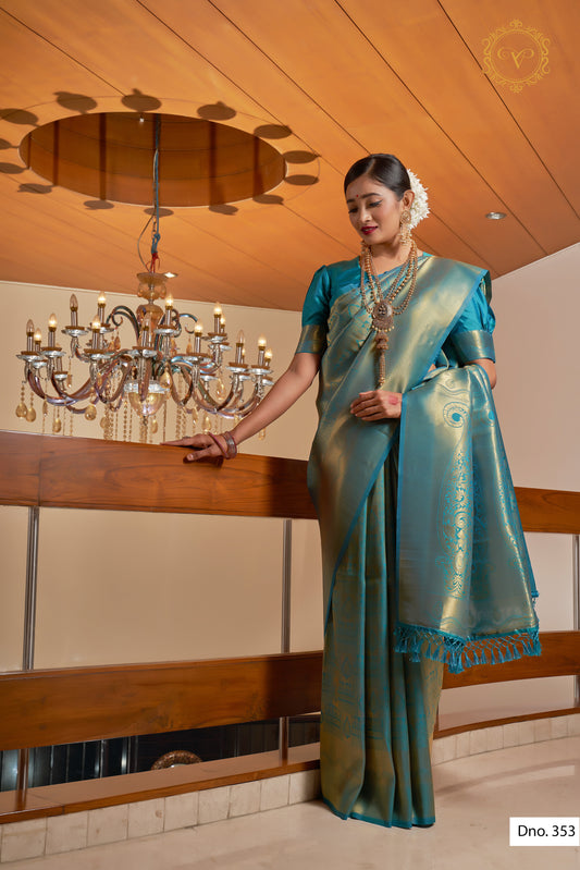 pure heavy sky blue color banarasi saree with rich pallu