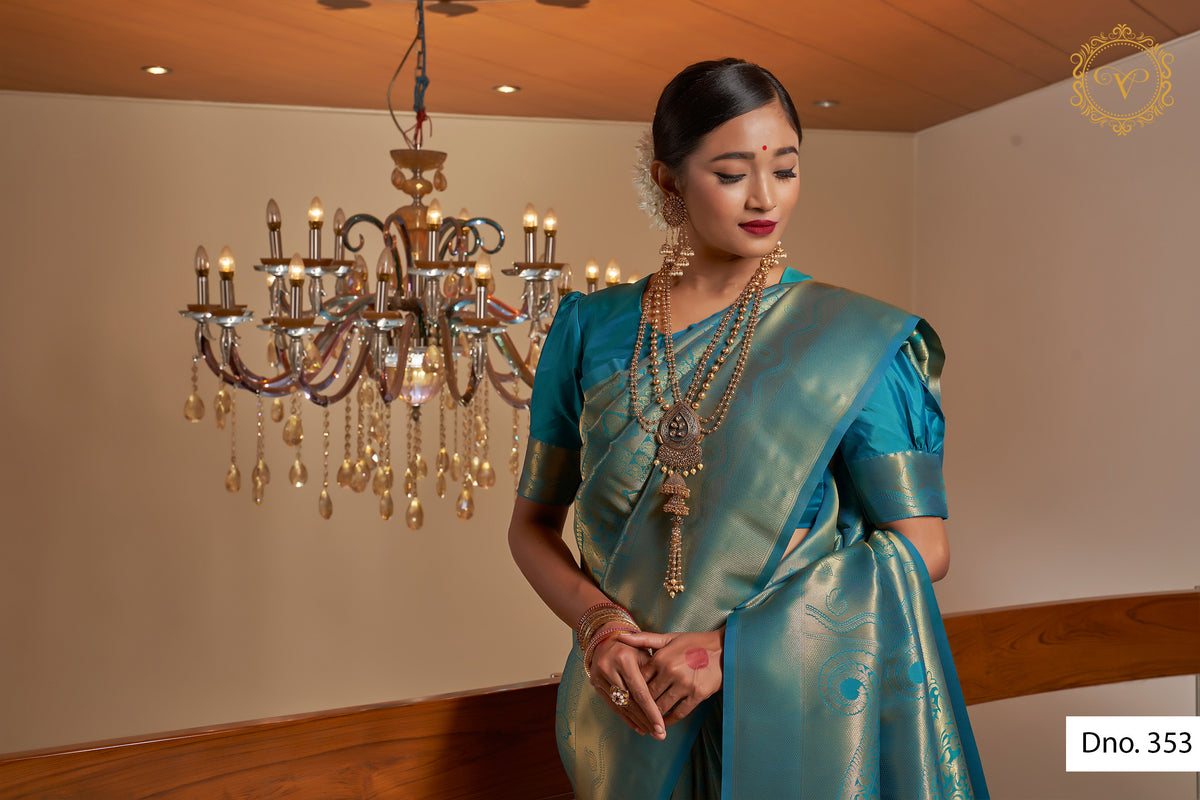 pure heavy sky blue color banarasi saree with rich pallu - Joshindia
