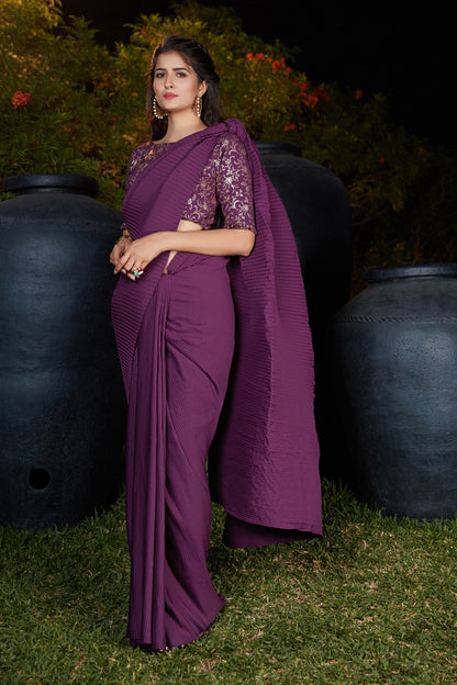 Buy Purple Pleated Saree With Blouse