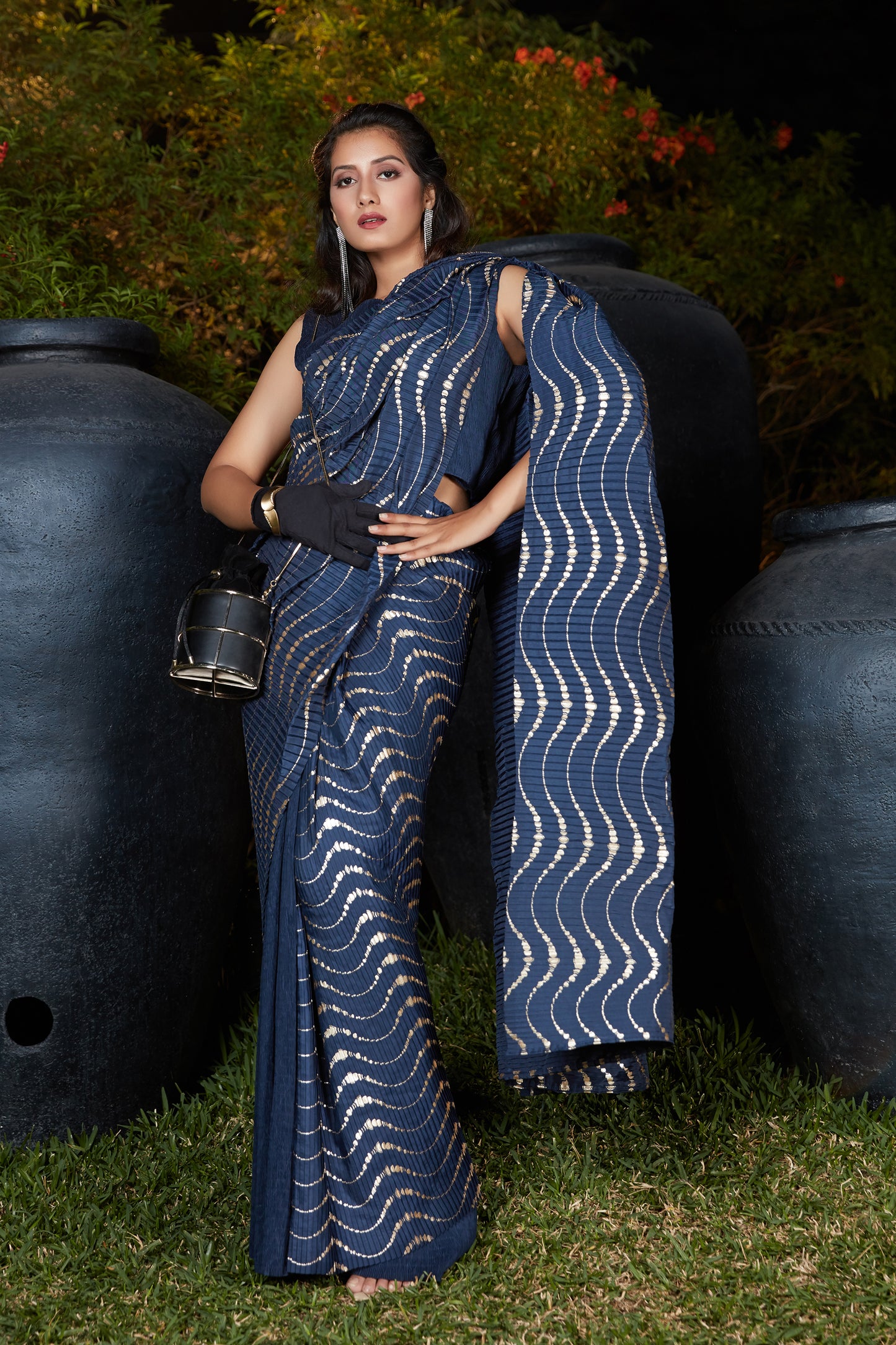 Navy Blue Pleated Saree With Blouse buy online