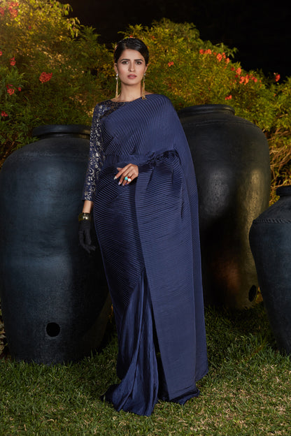 Buy Navy Blue color Pleated Saree With Blouse online
