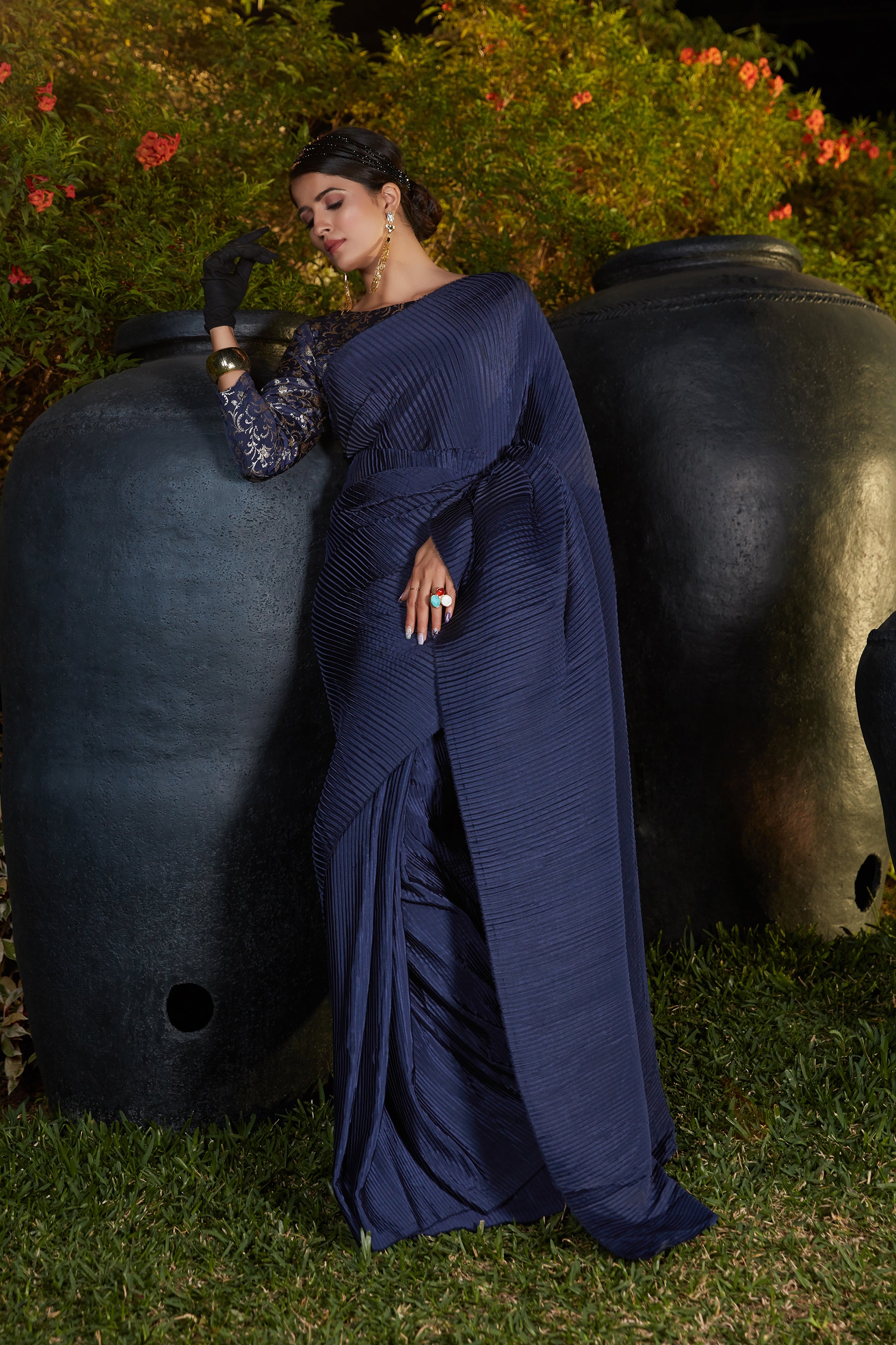 Buy Navy Blue color Pleated Saree With Blouse online Joshindia