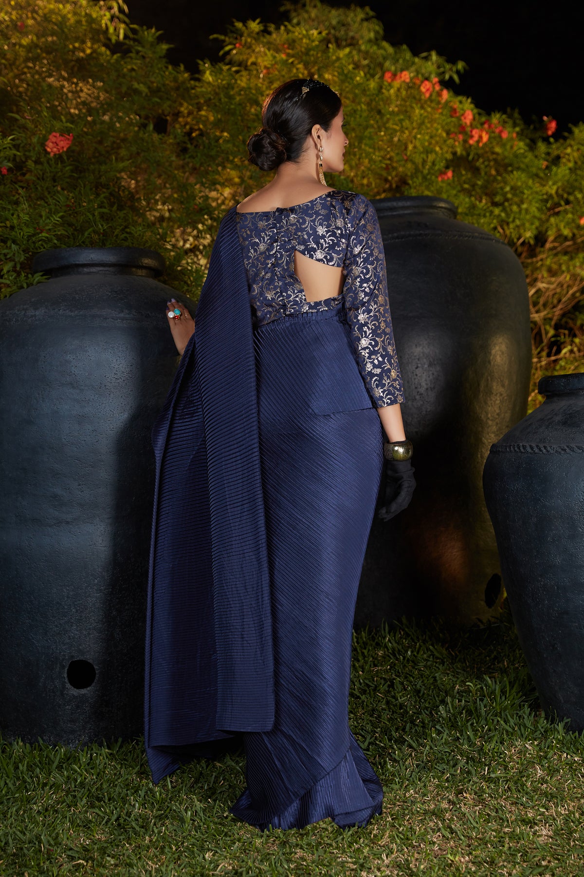 Buy Navy Blue color Pleated Saree With Blouse online - Joshindia