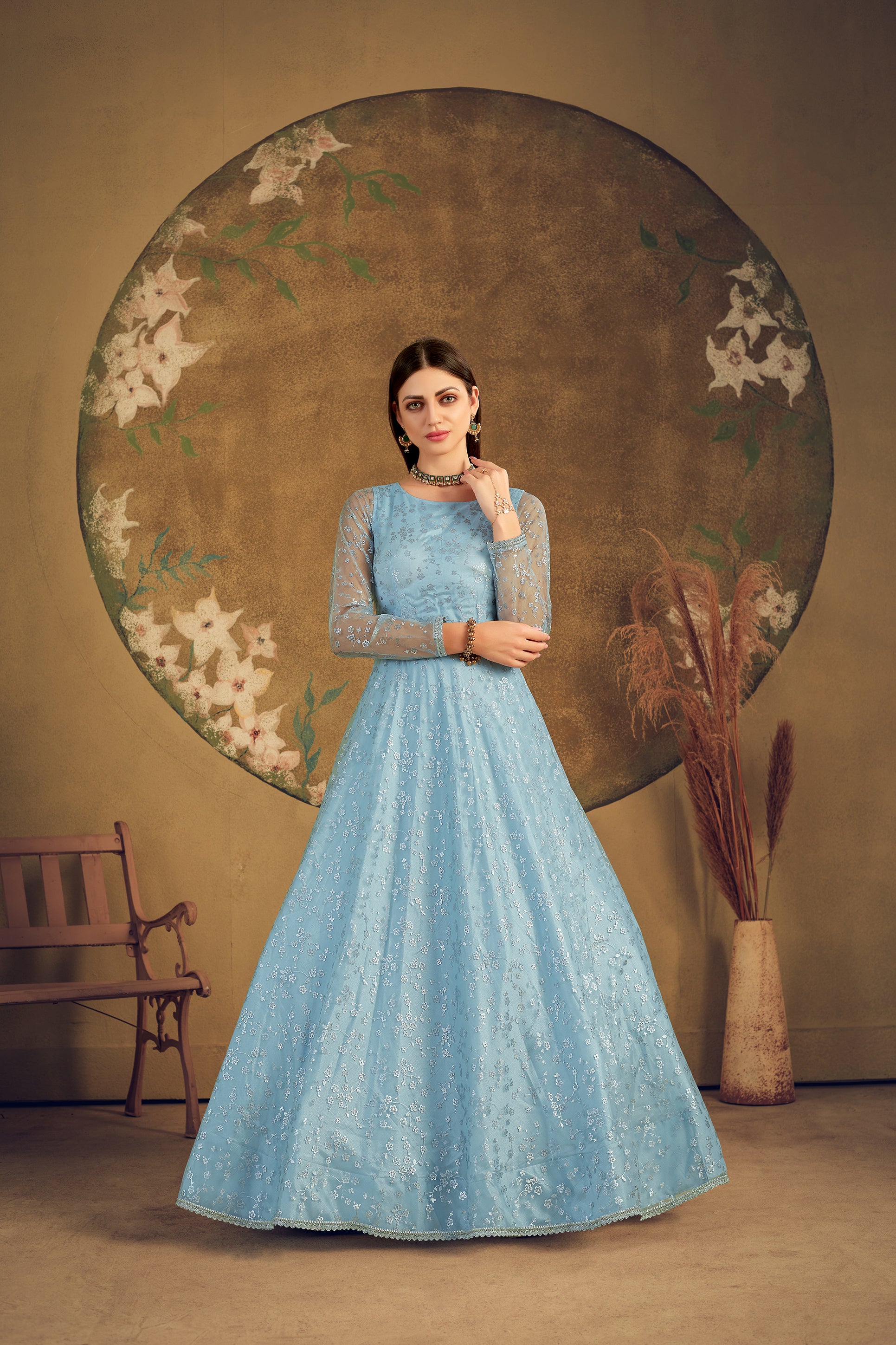 Netted Light Sky Blue Long Frock – Kumaran Silks