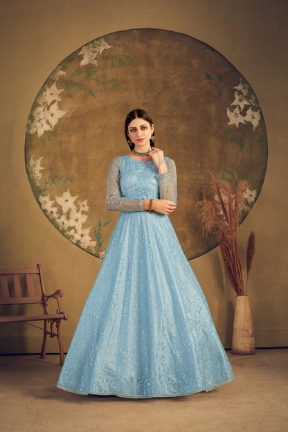 New launched sky blue color designer gown buy now