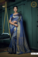 Trendy blue color designer kanjiveram saree at affordable rate - Joshindia