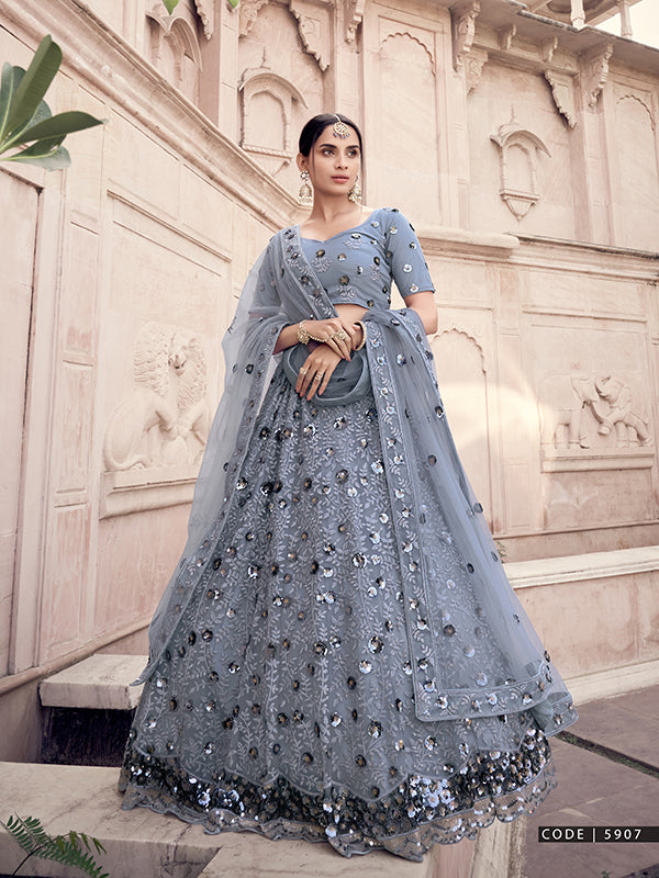 grey color designer net sequence work lehenga choli - Joshindia