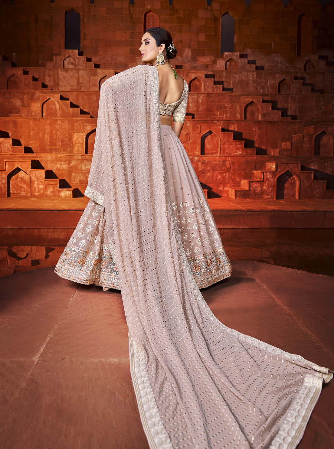 Buy Soft Peach Floral Embroidered Indian Wedding Saree In Uk online