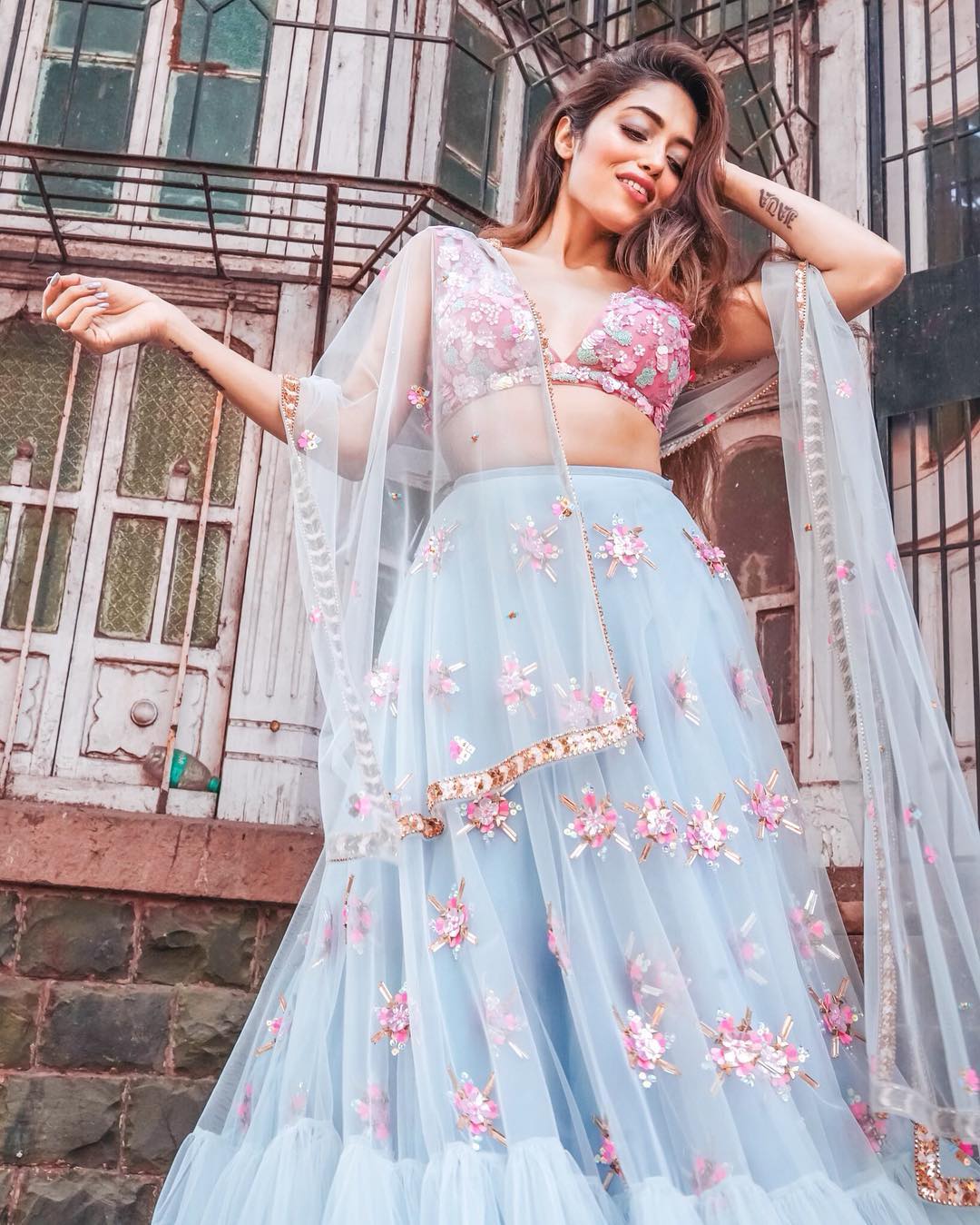sky color designer lehenga choli - Joshindia
