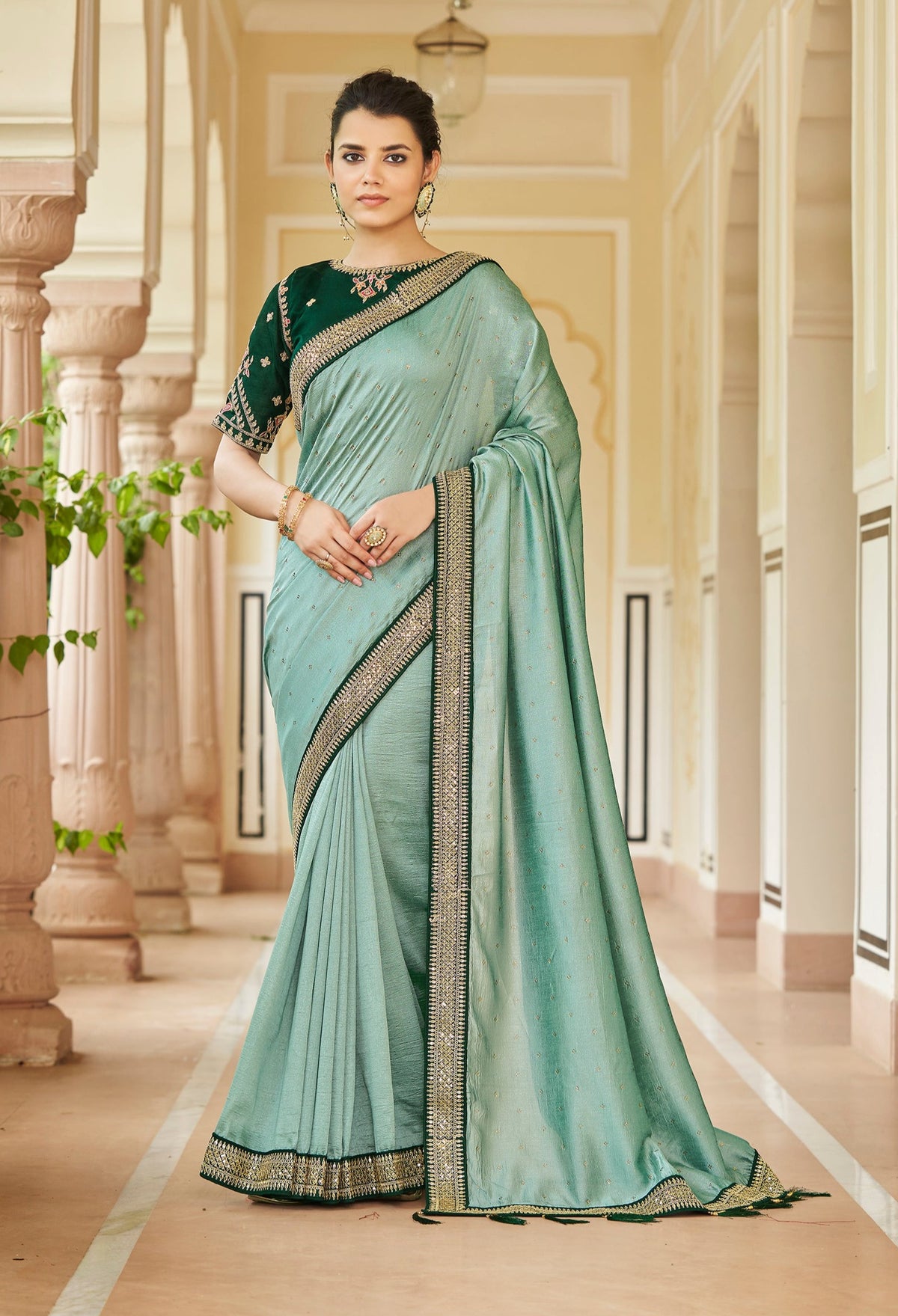 Amazing Pista Color Sequence Saree For Wedding Look - Joshindia