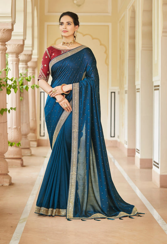 Amazing Teal Blue Color Sequence Saree For Wedding Look