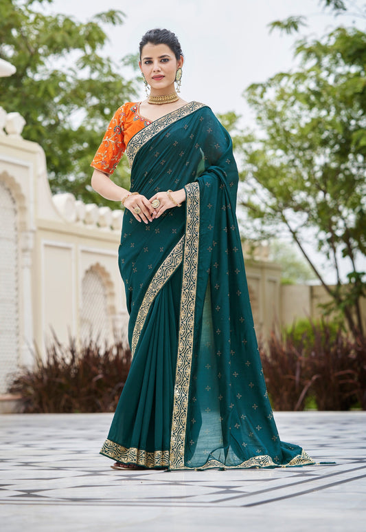 Amazing Rama Color Sequence Saree For Wedding Look