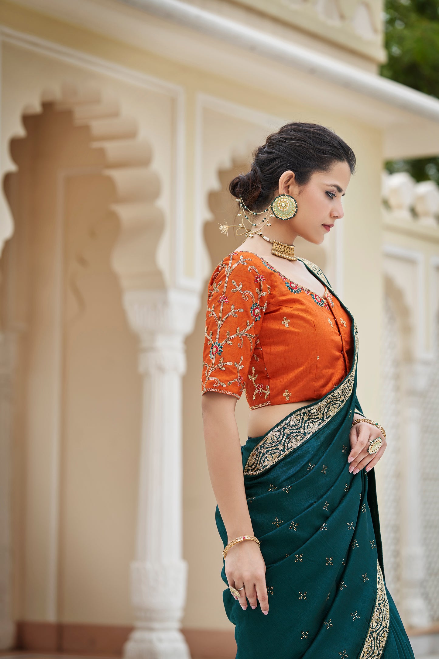 Amazing Rama Color Sequence Saree For Wedding Look