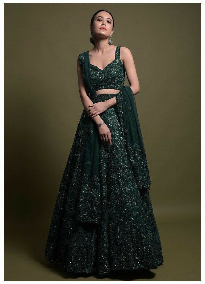 Peacock Green Faux Georgette Diamond Work Gown