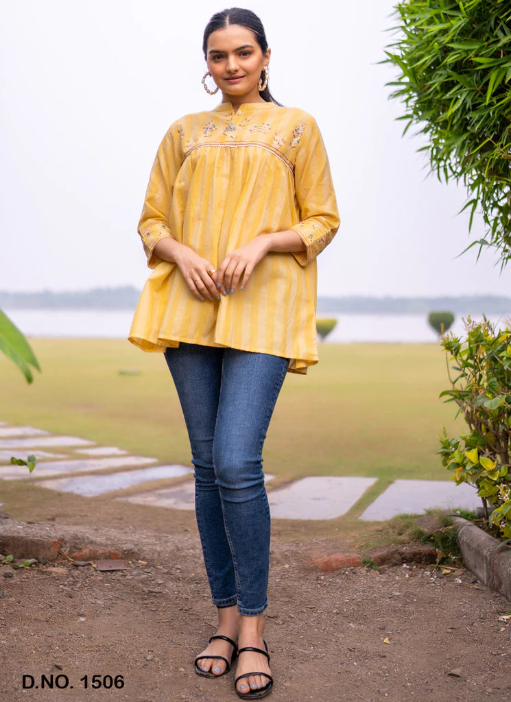 Beatiful Designer Round Neck Embroidered Cotton Top - Joshindia